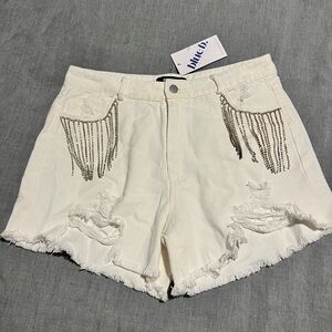 NWT FRINGE RHINESTONE DENIM SHORTS WHITE MEDIUM